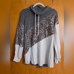 Gray and White Leopard Print Cowl Neck Sweater